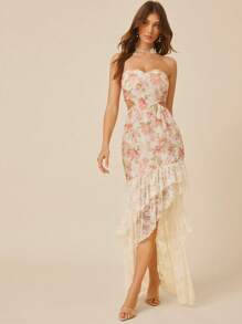 L'Amorae Rochie de damă cu imprimeu floral, decupat în talie, cu volană, tiv, rochie de vacanță - Caisă - Vizualizare 1