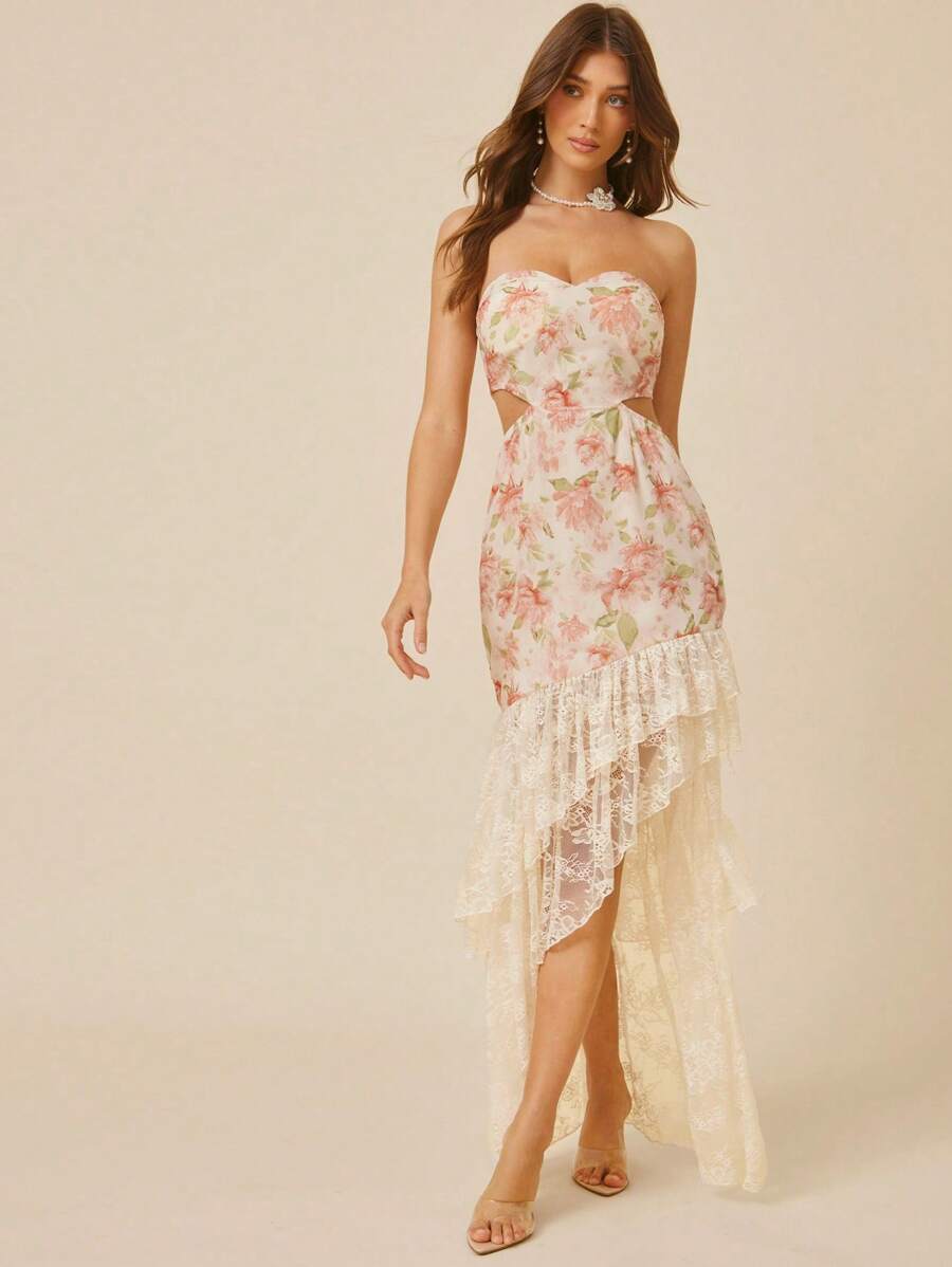 L'Amorae Rochie de damă cu imprimeu floral, decupat în talie, cu volană, tiv, rochie de vacanță - Caisă - Vizualizare 1