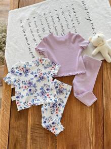 SHEIN LMoss Kids Dozemod 儿童新生女婴 4 件套花卉图案荷叶边圆领短袖针织舒适亲肤睡衣套装 - 淡紫色 - 查看 2