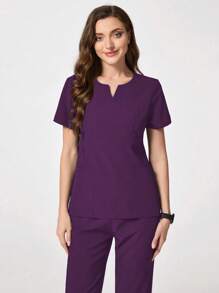 TaskEZ Simple Solid Color V-Neck Short Sleeve Scrub Uniform Set, Suitable For Summer - Purple - View 5