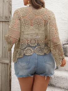 SHEIN VCAY Plus Size Solid Color Hollow Out Knit Cardigan, Vacation Style