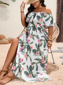 SHEIN VCAY Plus Size Off Shoulder Ruffled Hem Dress, Mother's Day Gift, Easter Clothes, Vacation Outfits Women, Concert Outfit Women, Graduation Dresses For Women,Flowy Dress Women Summer Clothing Woman S Summer Clothes Women Plus Sun Dress Women Summer Sets,Sun Dresses For Women - Green - View 6