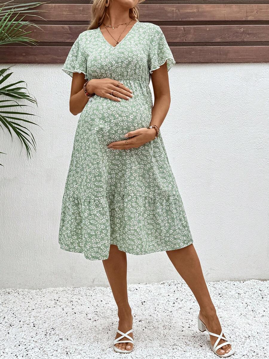 SHEIN Váy hoa giản dị cổ chữ V cho bà bầu đi nghỉ - màu xanh lá - Xem 1