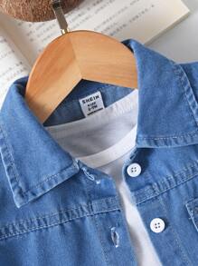SHEIN Playful Pals Bộ đồ denim xanh mùa hè cho bé trai, áo cardigan tay ngắn ve thời trang kết hợp với quần short, phong cách thường ngày, dáng rộng, thích hợp cho các buổi đi chơi, giải trí tại nhà, thể thao hàng ngày, sự kiện tiệc tùng - Màu xanh nhạt - Xem 7