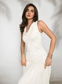 Aloruh Vestido súper largo con cuello de volantes, bordado y malla plisada, romántico para mujeres, perfecto para bodas y vacaciones, primavera/verano