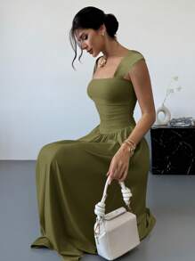 Firerie 优雅方领短袖腰部褶裥蝴蝶结及踝连衣裙，休闲/约会装，春夏杏色，适合婚礼场合 - 軍綠色 - 查看 3