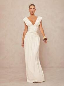 Lumalex 外出夏季泳衣泳装度假复活节波西米亚风海滩热户外丰富层次婚礼季宴会成人礼海滩海边女士纯色深 V 领荷叶边腰部连衣裙，优雅女士长裙女士优雅婚礼 - 杏色 - 查看 1