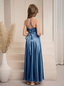 SHEIN Girls' Elegant Spaghetti Strap Ruffle Hem A-Line Long Dress For Wedding, Valentine's Day, Performance, Party, Birthday, Suitable For Teens - Blue - View 2