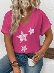 SHEIN T-shirt casual versatile da donna con scollo a V, maniche a polso e stampa a stelle, taglie comode per donne con taglie forti