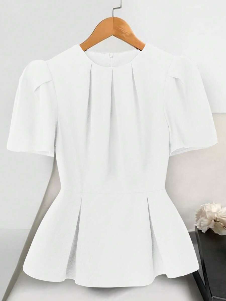 SHEIN Clasi 黑色圆领修腰女式衬衫，短袖 - 白色 - 查看 1