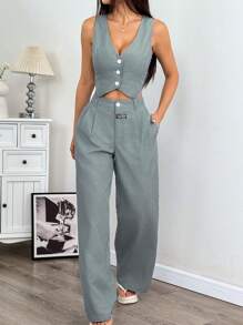 SHEIN EZwear 女士亚麻简约条纹印花抹胸长裤两件套秋冬 - 墨綠色 - 查看 1