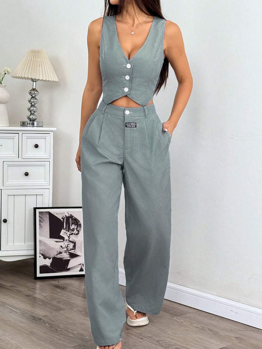 SHEIN EZwear 女士亚麻简约条纹印花抹胸长裤两件套秋冬 - 墨綠色 - 查看 1