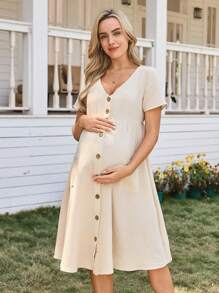 SHEIN Women's Casual Woven Fabric Nursing Dress With V Neck, Short Sleeves, And Pockets, Semi-Sheer Apricot Knee Length Maternity Dress With Button Front And Flared Hem For Easy Breastfeeding - Apricot - View 6
