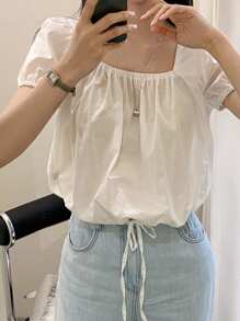 DAZY 休闲方领抽绳下摆女式衬衫夏季 - 白色 - 查看 7