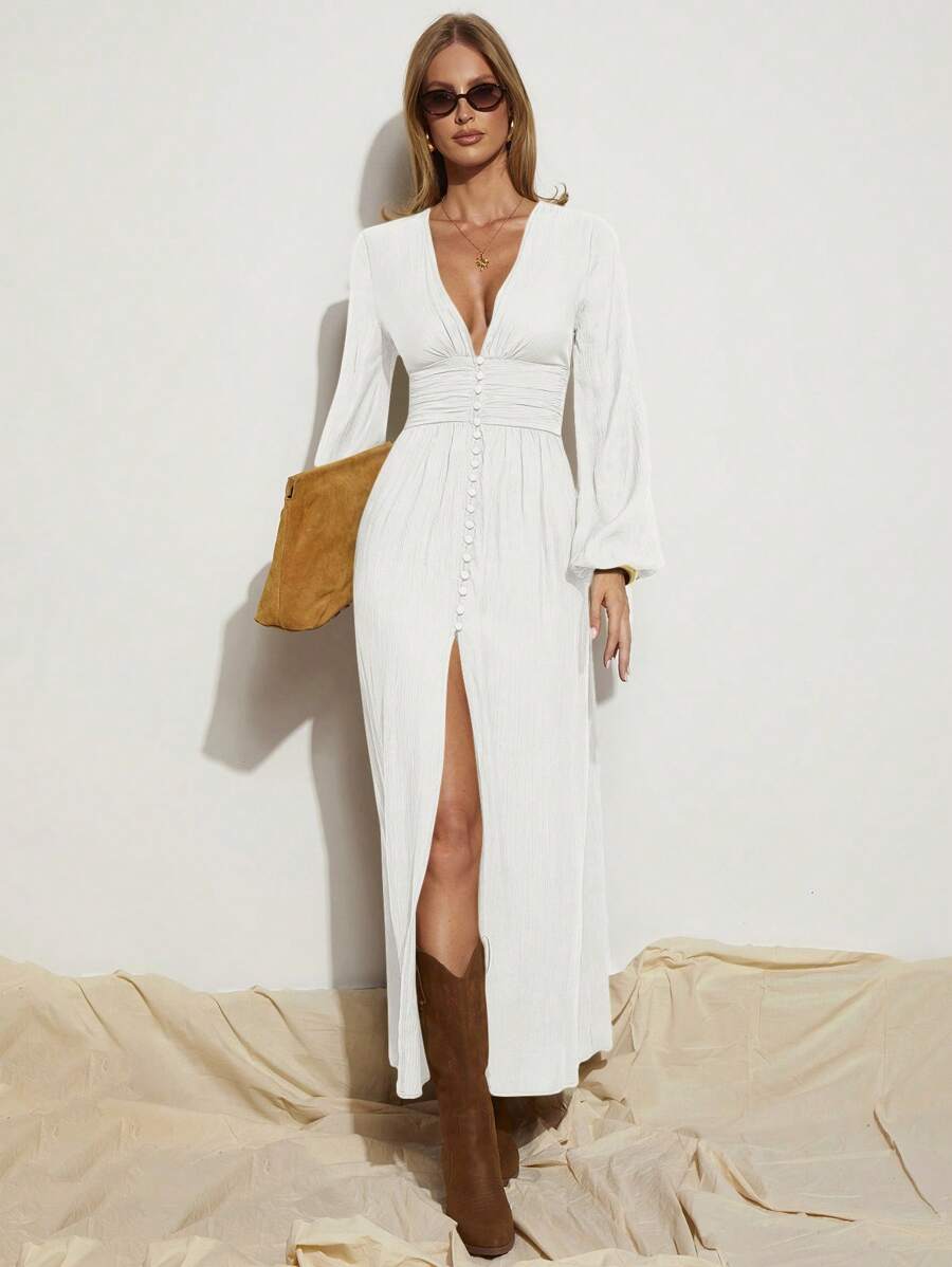 COSMINA Women's Elegant Brown High Slit Long Sleeve Dress, Suitable For Vacation, Spring/Summer,White Dresses For Women - White - View 1