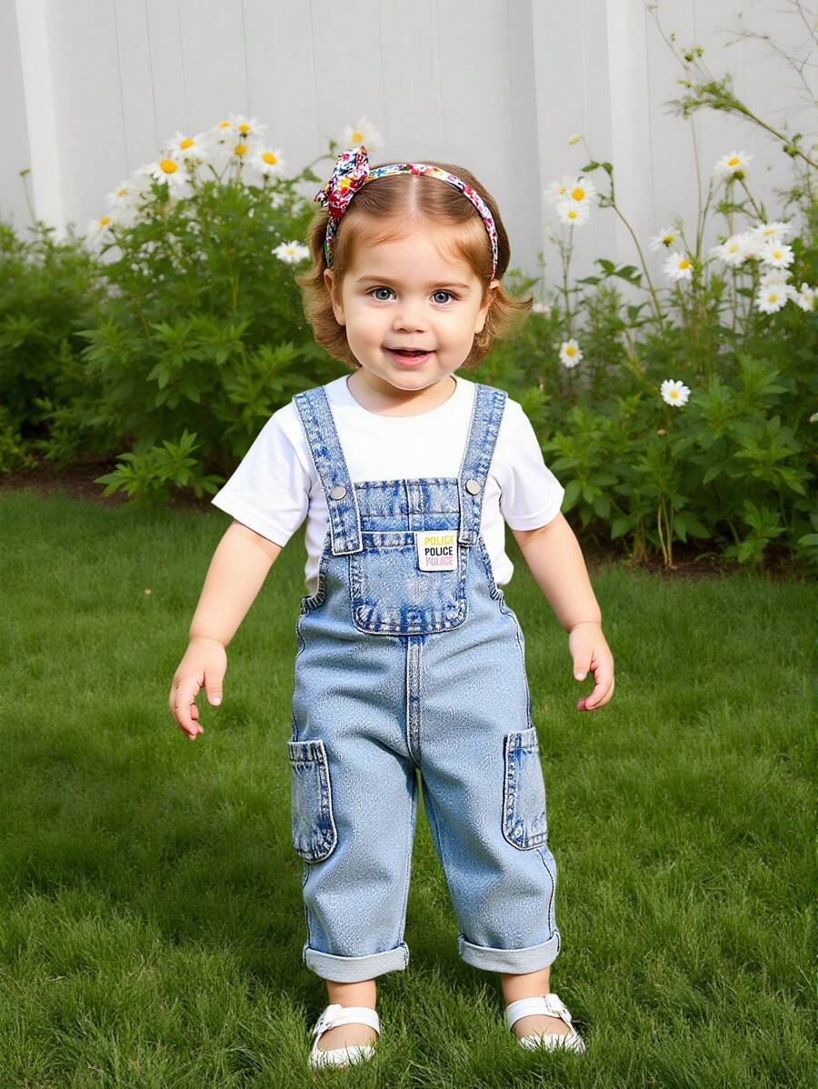 Baby Girl Denim Overalls And Jumpsuits, Fashionable & Cute, Faded Blue, Multi-Pocket Design, Slim Fit, Soft & Comfortable Fabric, Versatile Daily Wear - Light Wash - View 1
