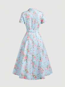 SHEIN MOD Đầm midi in họa tiết hoa cổ bẻ tay ngắn cài nút đơn cho nữ - Màu xanh lam - Xem 2