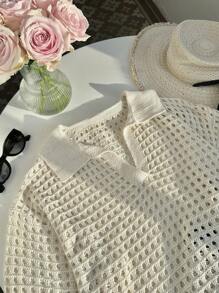 Comfortcana 秋冬大码女纯色镂空落肩宽松针织毛衣