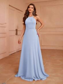 Aureia 成人露背、低背、腰部收褶、A 字廓形、不对称荷叶边背部设计伴娘礼服 - 淺藍色 - 查看 8