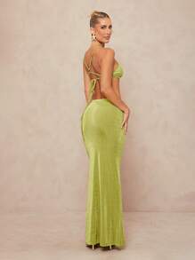 Lumalex 金属环装饰露背低腰镂空紧身超长美人鱼剪裁两件套女式 - 綠色 - 查看 9