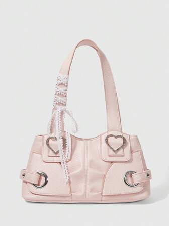 Kawaii Women's Pink Pebbled PU Leather Shoulder Bag With Heart Crystal Buckle, Versatile Day-To-Night Crossbody Bag For Office Commute & Romantic Date