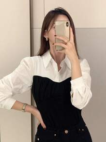 DAZY 撞色二合一泡泡袖衬衫，秋季长袖上衣 - 黑與白 - 查看 7