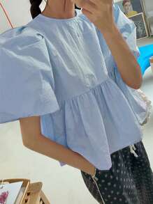 DAZY Blusa De Manga Abullonada Para Mujer Con Dobladillo De Volantes - Azul - Ver 10