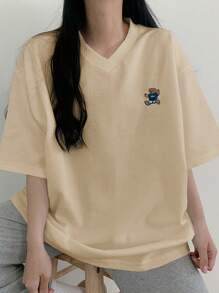 DAZY 女式V领卡通熊印花落肩宽松T恤可爱上衣