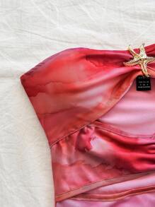 Soleia Damen Urlaubs Sexy Cut Out Ausschnitt Rüschen Metall Seestern Dekor Batik Muster Netz Figurbetontes Top, geeignet für Party, Musikfestival, Strand, Karneval, Sommer Bandeau Top