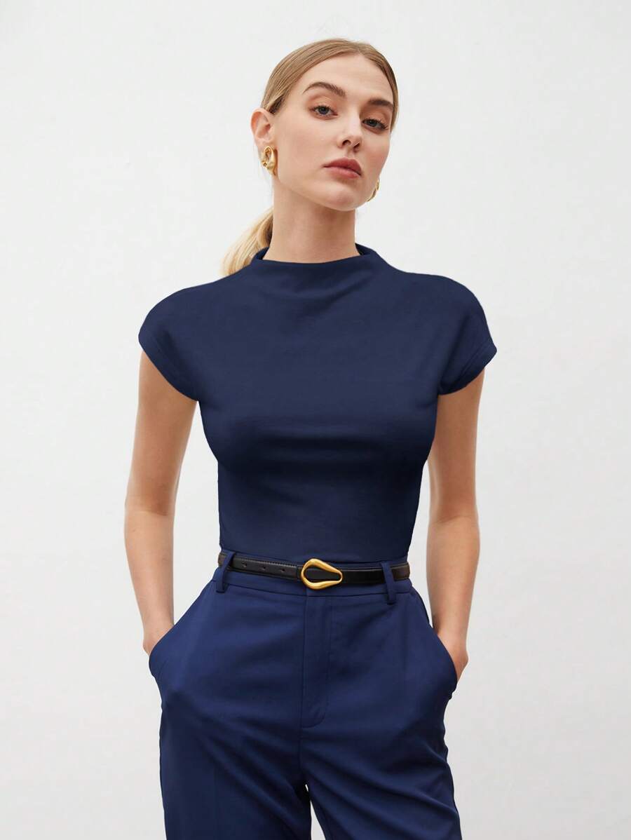 BizChic Women's T-Shirt Spring Solid Color Pleated Short Sleeve Elegant Minimalist Casual Commute Date Daily Vacation Independence Day Graduation Season Music Festival Slimming Elegant Versatile High-End Summer Social Holiday Party Outing Beach Office French Vintage Fresh - Navy Blue - View 1