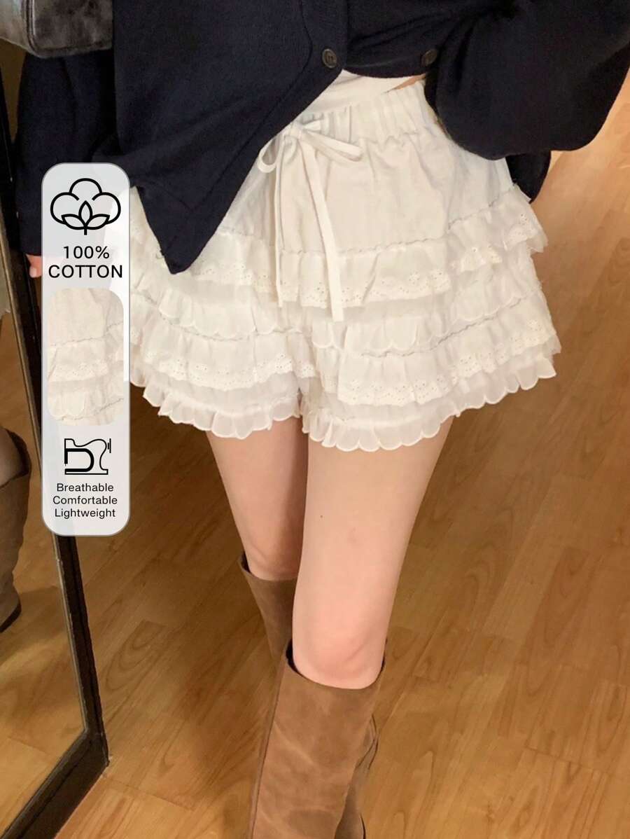 DAZY Women Lace Patchwork Short Elegant Shorts, White, All Season,Skorts Fall