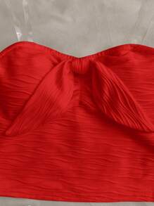 SHEIN 青少年女孩休闲度假两件套纹理抹胸短款上衣和高腰短裤套装 - 紅色 - 查看 7