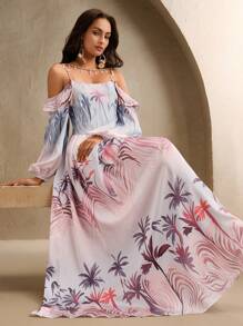 Anewsta Robe décontractée d'été de vacances printanières/estivales imprimée de palmiers, sans dos - Camel - Voir 1