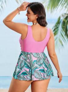 Swim Lushoire 2pcs/Set Plus Size Women Random Floral Print Sleeveless Ruched Waist A-Line Loose Beach Dress & Swimsuit Set For Summer Beach Vacation - Pink - View 2