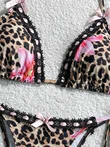 SHEIN Swim 女士度假沙滩豹纹花卉印花泳衣套装 - 棕色 - 查看 4