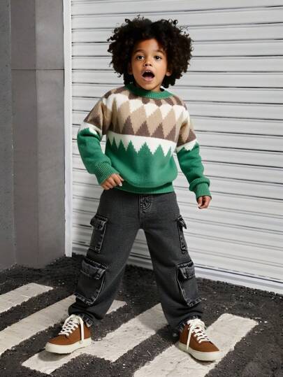 SHEIN Casuvi Kids 男童宽松阔腿工装牛仔裤，复古水洗牛仔布，街头风，时尚百搭，秋冬季牛仔裤的理想之选
