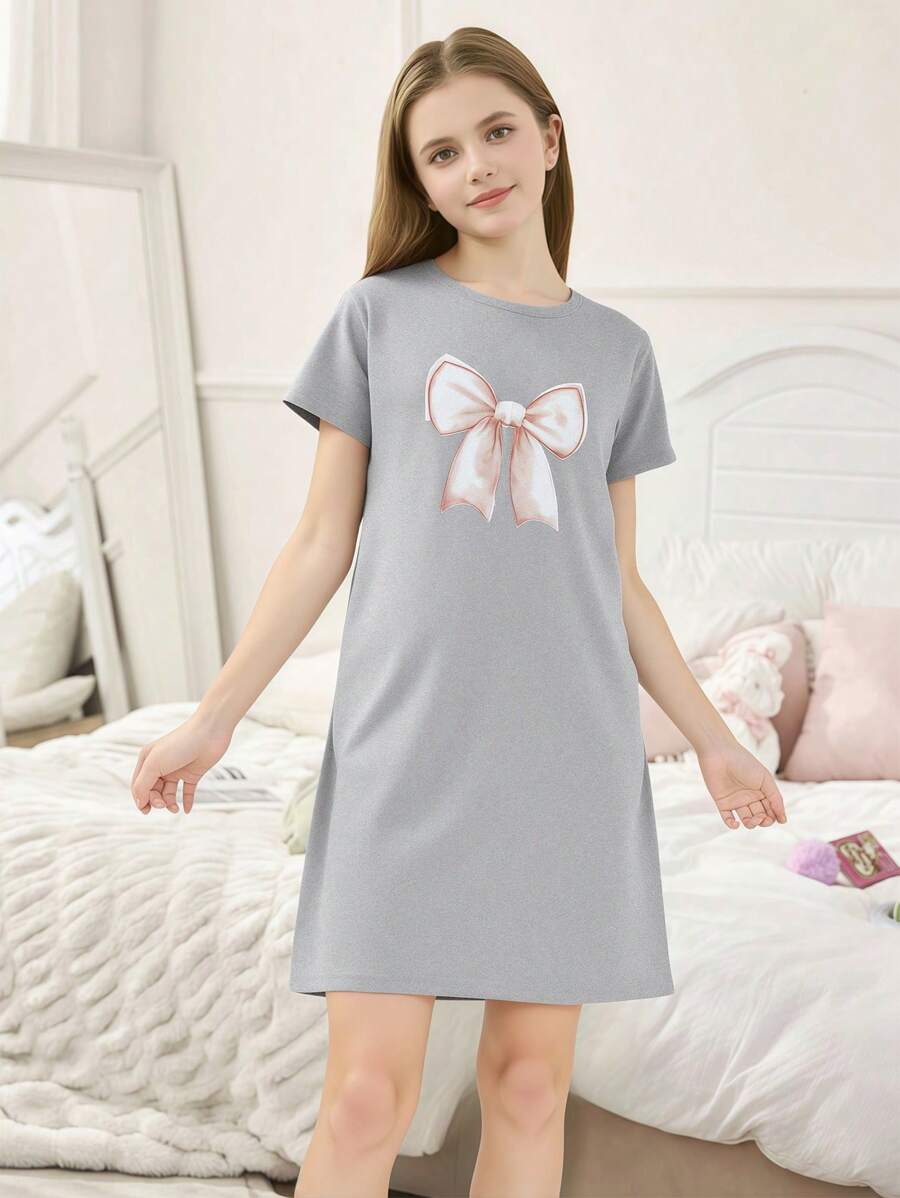 Camisón de manga corta con estampado de gato simple para niña preadolescente, ropa de verano para viajes y relajación - Gris Claro - Ver 1
