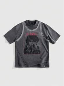 ROMWE MEN Grunge Punk Camiseta de manga corta casual de verano para hombres con estampado de retrato y letras
