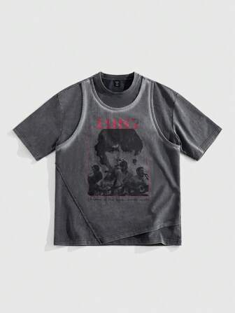 Grunge Punk T-shirt casual da uomo a maniche corte, con stampa di ritratto e lettera, per l'estate