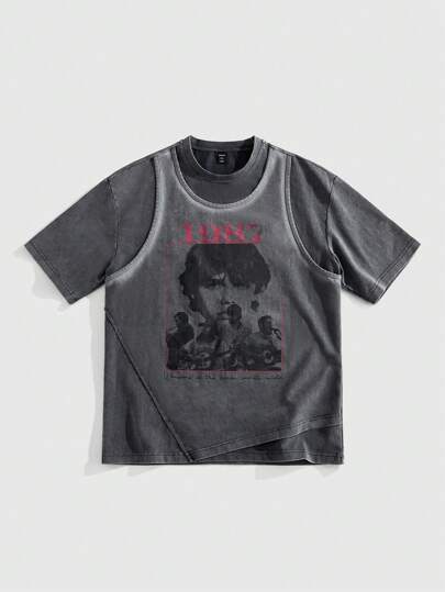 Grunge Punk Camiseta de manga corta casual de verano para hombres con estampado de retrato y letras