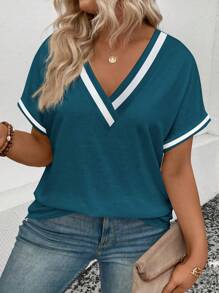 SHEIN LUNE CURVE Maglietta a maniche corte con scollo a V, stampa a contrasto di colore, taglia comoda, estiva