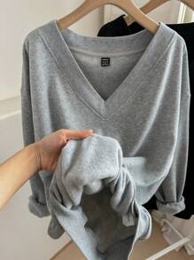 SHEIN LUNE 2pcs/Set Plus Size Leopard Heart Pattern V-Neck Loose Warm Sweatshirt, Suitable For Autumn And Winter - Multicolor - View 4