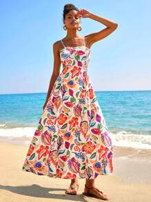 Travachic Woven Printed Sleeveless Hollow-Out Dress For Women, Spring/Summer Vacation