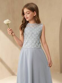 SHEIN Tween Girl Floral Lace Crew Neck Top And Mini Skirt 2 Pieces Set - Dusty Blue - View 6