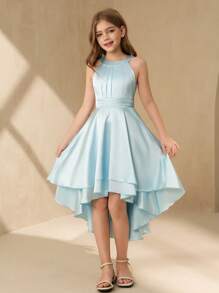 SHEIN 花童吊带裙，缎面处理，不对称下摆，优雅适合婚礼、派对、生日、演出 - 藍色 - 查看 4