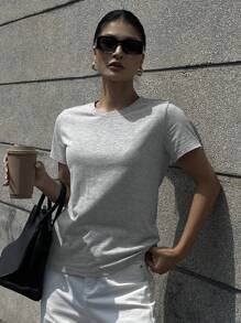 DAZY Women's Casual Versatile Solid Color Short Sleeve T-Shirt - Grey - View 5