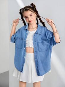 Camisa vaquera de manga corta de tencel/lyocell para niñas, color azul claro, ropa exterior casual de ajuste cómodo y ceñido