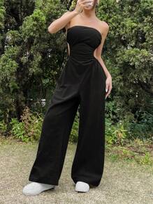 Muchica Women's Black Strapless Sleeveless Jumpsuit Semi-Sheer Woven Fabric Long Zipper Detail - Black - View 3