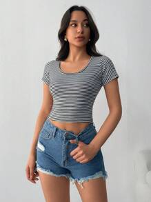 RueChic Damen Multipack Weich Gestreift Rundhals Lässig Passform T-Shirt