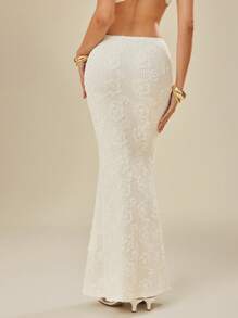 L'Amorae Elegant Vacation 3D Flower V Waist Maxi Skirt - White - View 4